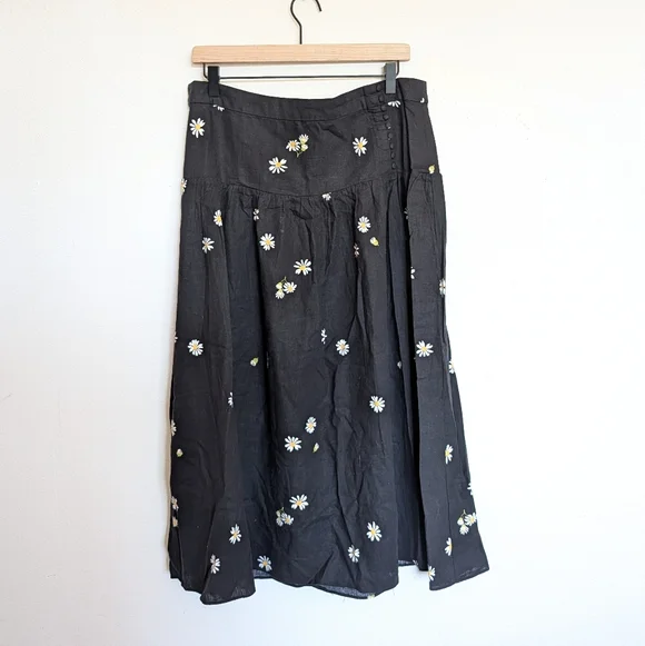 Madewell Linen Blend Button Yoke Midi Skirt Ins Lazy Daisy Size 14 New - Picture 2 of 8